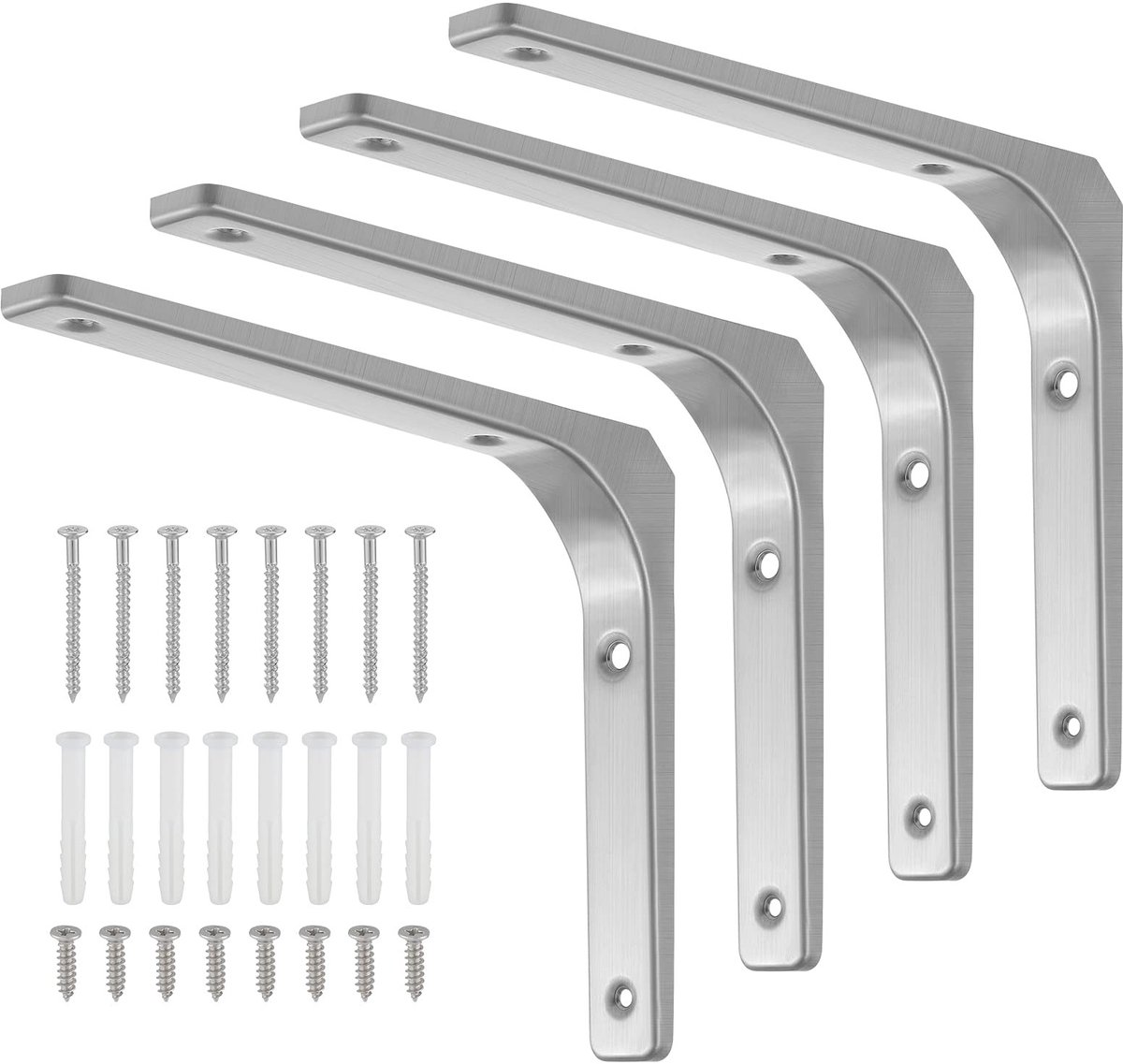 Dailygoods- Plankdragers Heavy Duty - 4 Stuks - Roestvrij Staal - 200 x 250 mm - Draagkracht 50-70 kg - Inclusief Schroeven en Pluggen - Planksteunen
