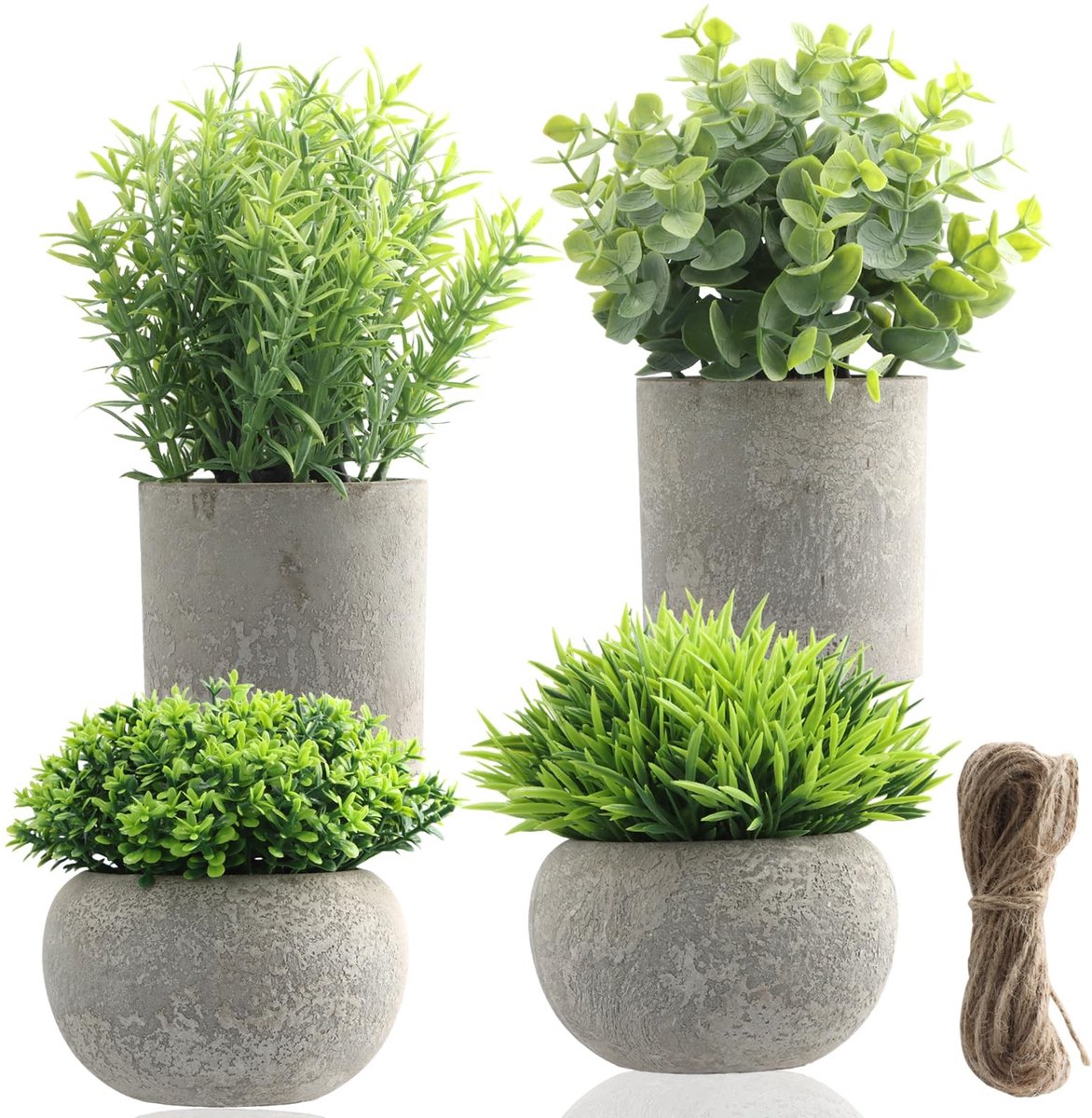 Dailygoods- Kunstplanten Set van 4 - Mini Nepplanten - Eucalyptus/Rozemarijn - Decoratieve Potplanten - Kunststof - 7,5 x 20,5 cm / 7,5 x 18 cm / 9 x 10,5 cm / 9 x 11 cm
