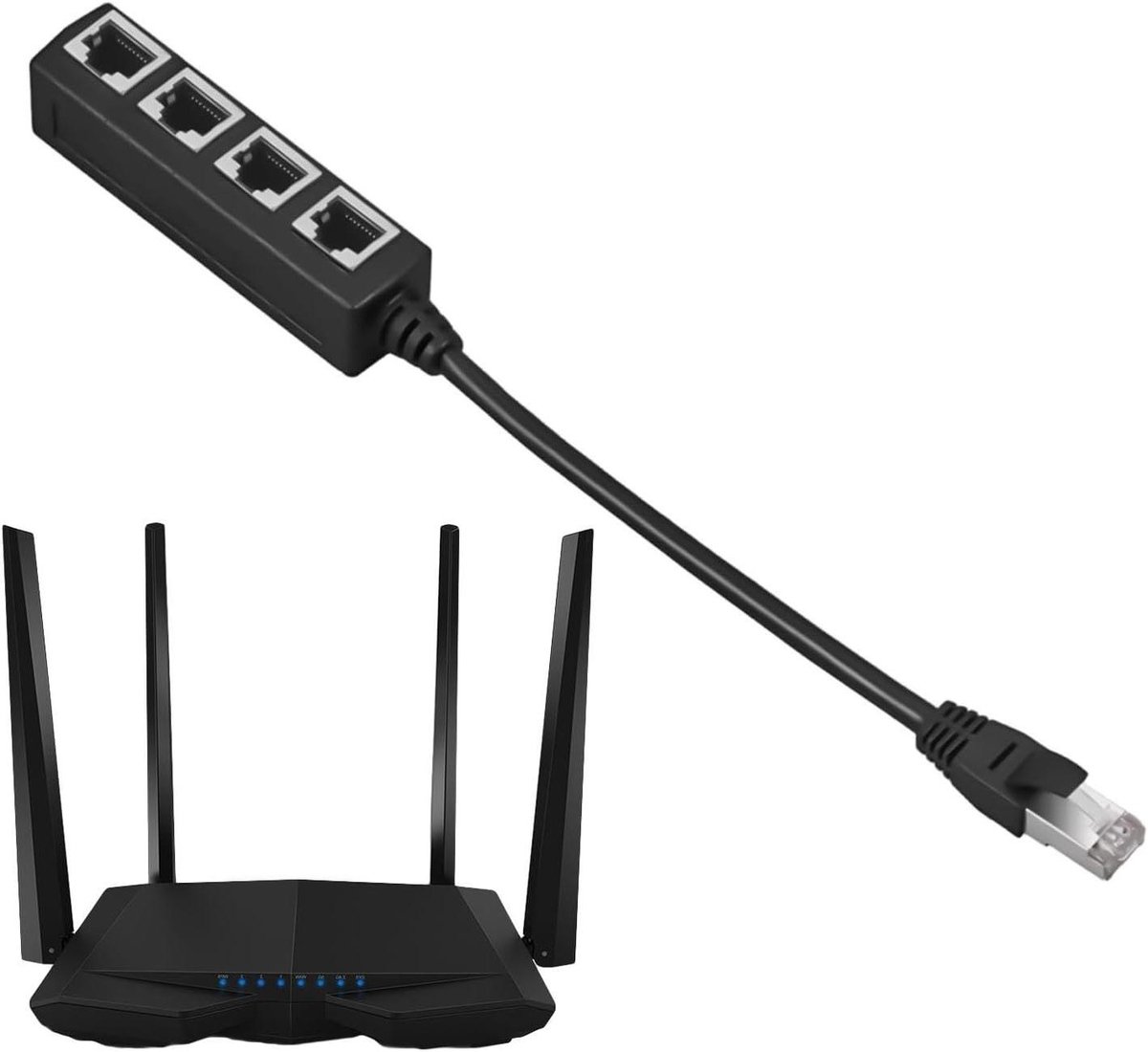 Ethernet Kabel Splitter - Netwerk Splitter Hub - Internet Delen - 1-Op-4 Adapter - 20 cm - Zwart