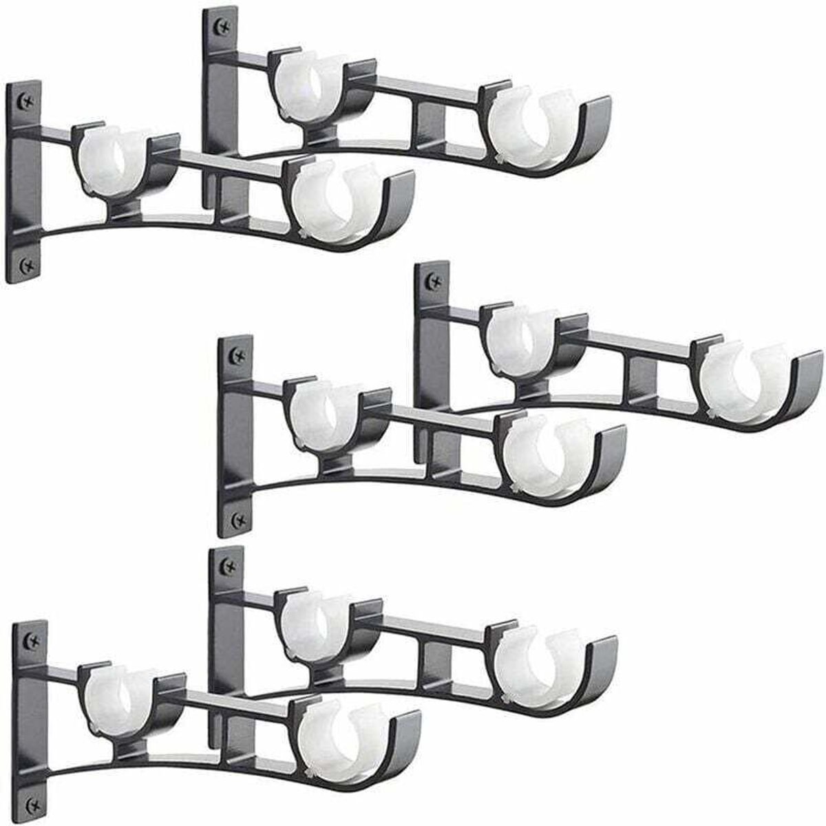 Zesdelige zwarte aluminium dubbele gordijnroedebeugel met antislipontwerp, eenvoudig te installeren.