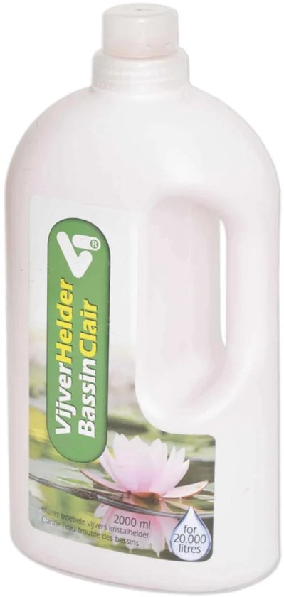 Witte fles met handvat van 2000 ml, met groen label 'Vijver Helder' en afbeelding waterlelie.