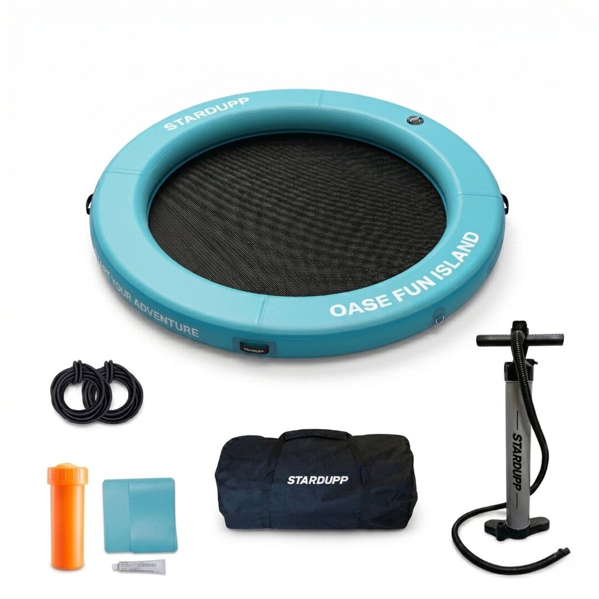 Stardupp OASE Fun Island Round Opblaasbaar Drijvend Eiland 240cm - Waterhangmat voor Hele Gezin - Dropstitch Frame - Inclusief Pomp, Draagtas & Repair Kit - Zwembad & Boot