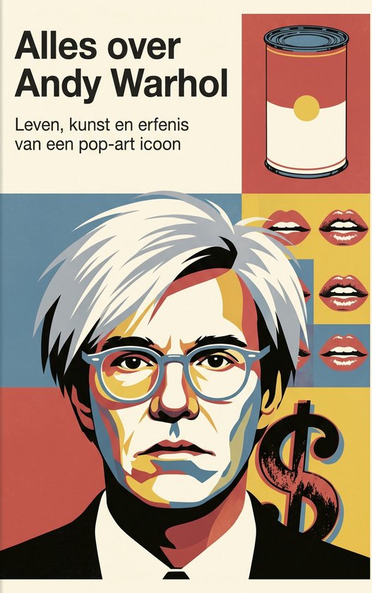 Couverture de livre avec un portrait d'Andy Warhol, une boîte de soupe, un symbole dollar et des lèvres rouges. Texte : Tout sur Andy Warhol.