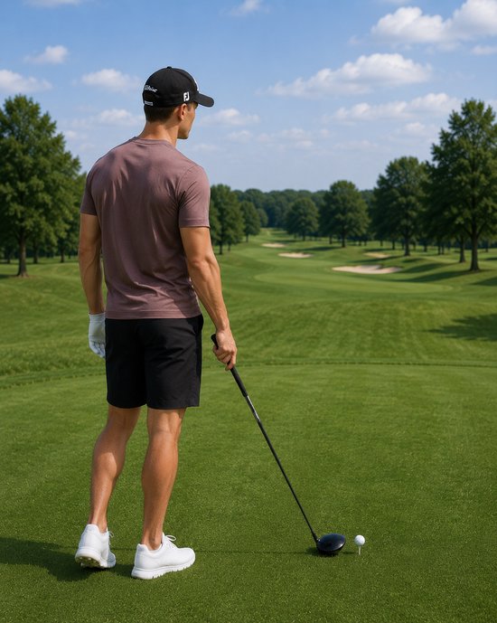 Man in roodbruin shirt en zwarte shorts op golfbaan, kijkend naar de baan.