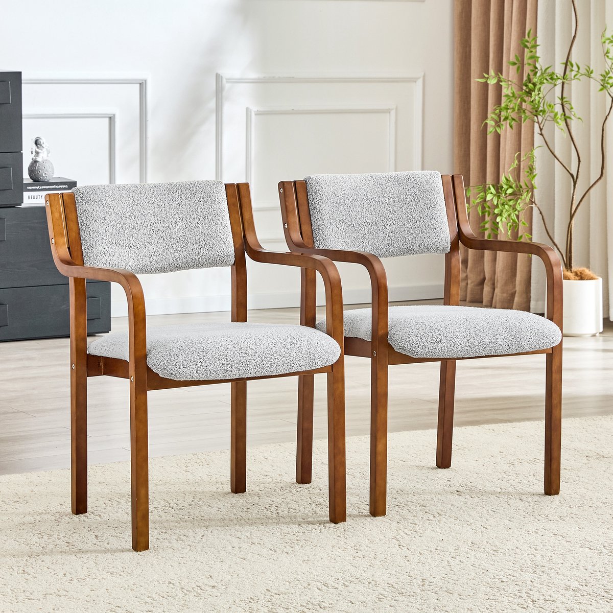 KOMHTOM - Set van 2 eetkamerstoelen - Armleuningen - Gebogen hout - Teddystof - Scandinavische stijl - Ideaal voor de keuken en woonkamer