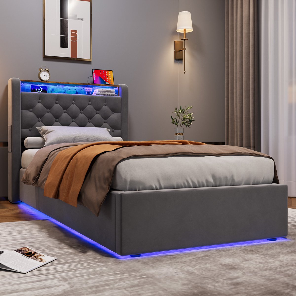 DESMIU Gestoffeerd Bed 90x190cm – Hoofdbord Met Leesplank En Oplaadfunctie – Opbergruimte Met Hydraulisch Mechanisme – Slaapkamer – Fluweel – Grijs Zonder Matras Donkergrijs