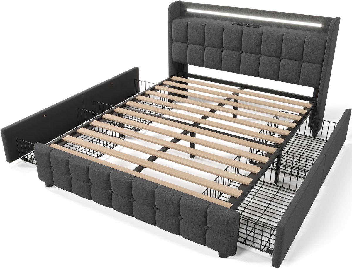 Gestoffeerd bed met USB-oplaadpunt, hoofdbord, ledverlichting en 4 lades; tweepersoonsbed afmetingen: 160x200 cm; bedframe met opbergruimte; lattenbodem; grijs (matras niet inbegrepen).