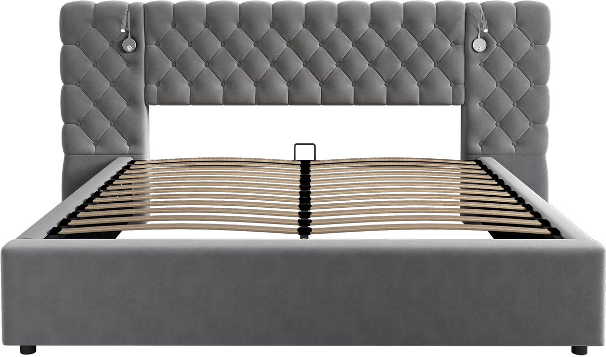 COVREO Polsterbed 160 x 200 cm - hydraulische opbergruimte, LED-leeslamp, grijs