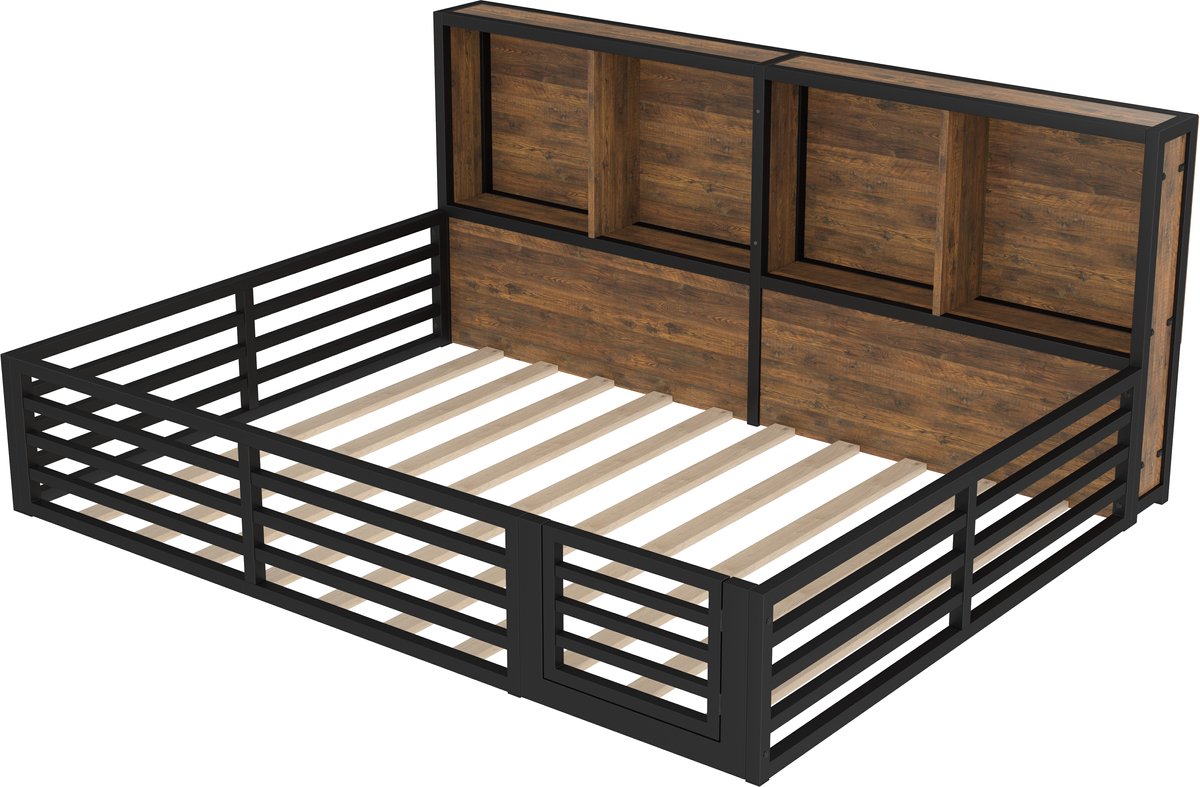 COVREO Bedframe met opbergvakken – 140x200 cm – Daybed met LED en uitvalbeveiliging – Platformbed voor slaapkamer – Zwart - zonder matras