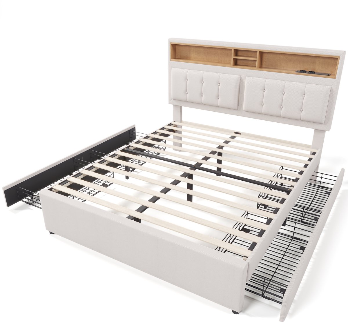 COVREO Bed 140x200 cm beige met 4 lades en USB C, zonder matras