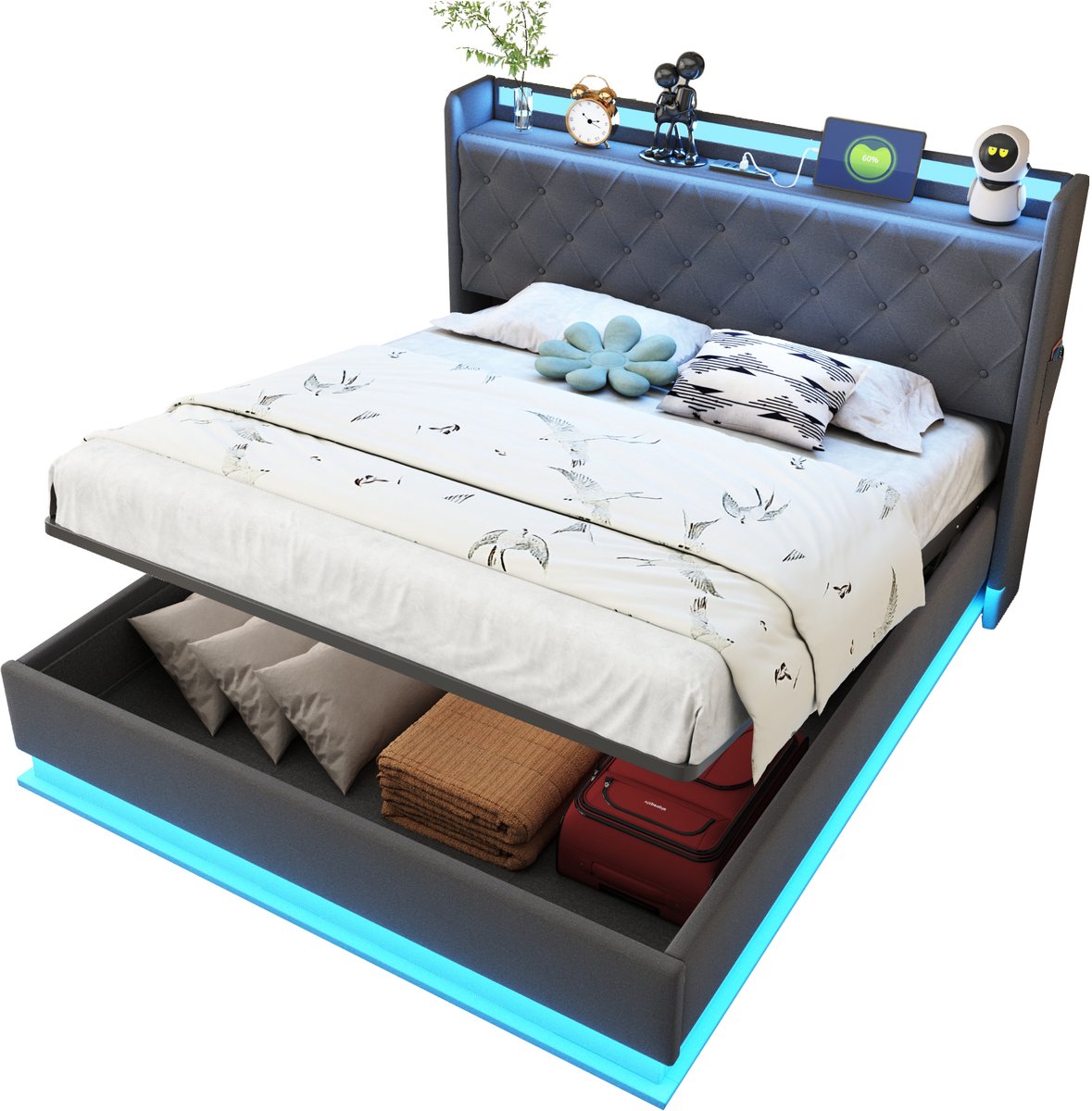 COVREO Gestoffeerd bed met LED-verlichting, afmetingen 140 x 200 cm, met USB-oplaadpoort en hydraulisch veersysteem, gemaakt van huidvriendelijke linnenstof, grijs. Gris