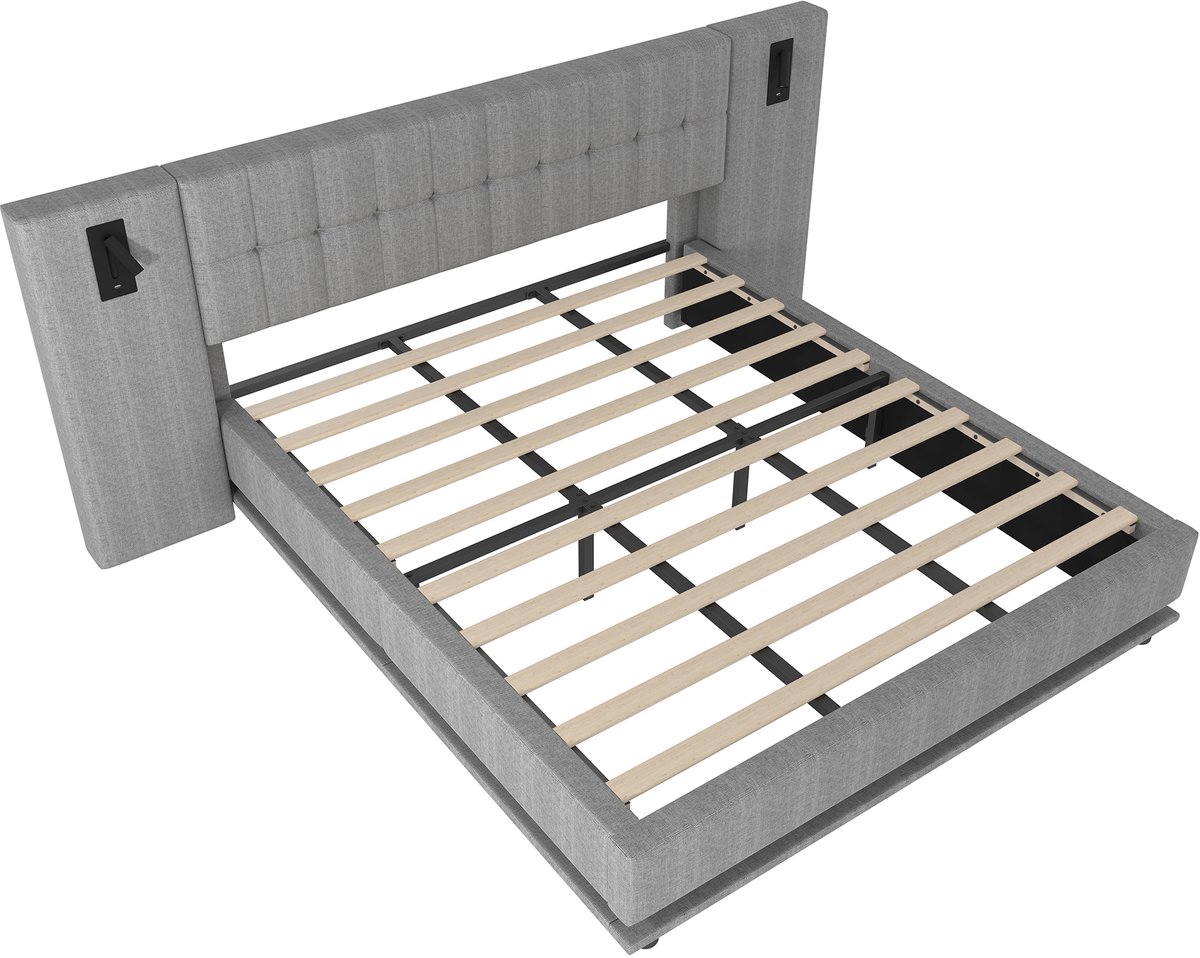 Gestoffeerd bed, 180*200 cm, met led-lichtstrip, hoofdbord met spotjes en USB-poort, matras niet inbegrepen, hoeslaken inbegrepen, grijs.