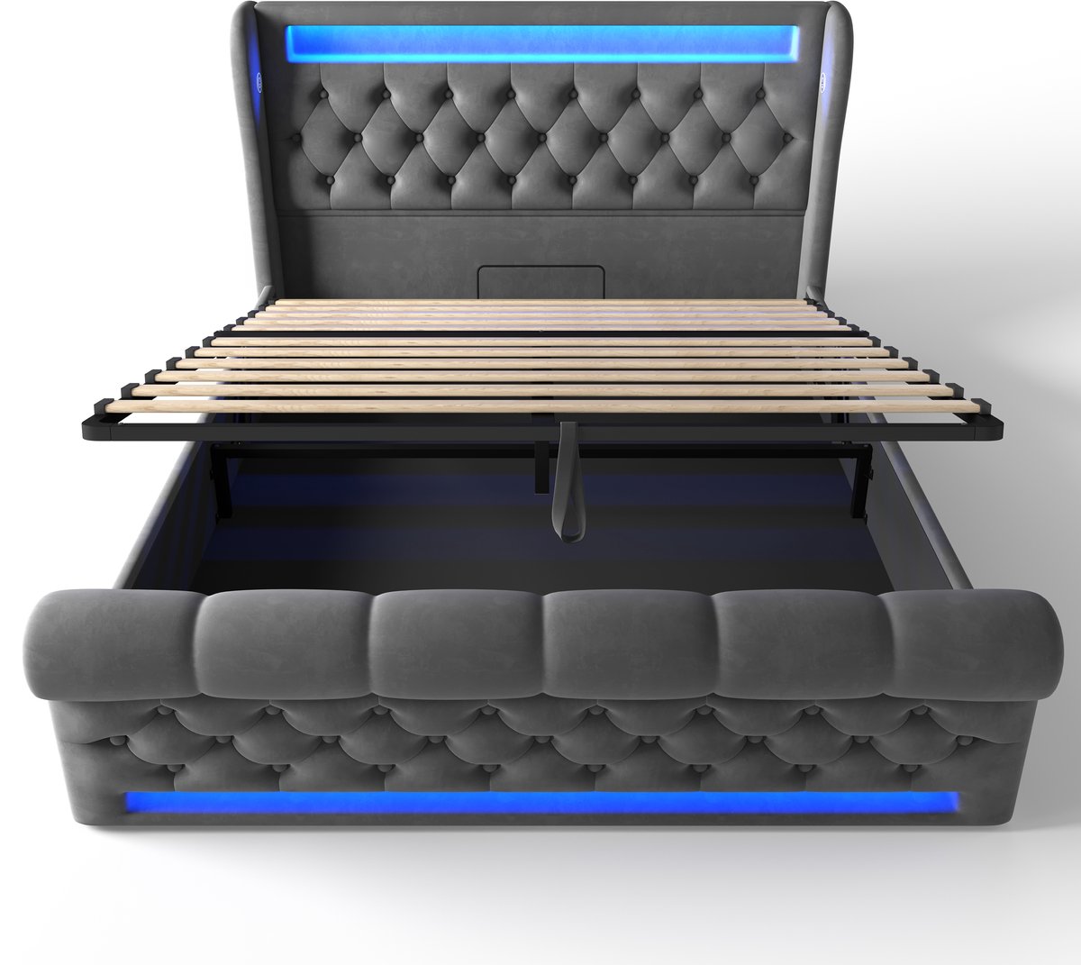 COVREO Gestoffeerd bed met LED en USB-C – 140x190 cm – Tweepersoons bedframe met opbergruimte – volwassenen – Grijs - zonder matras