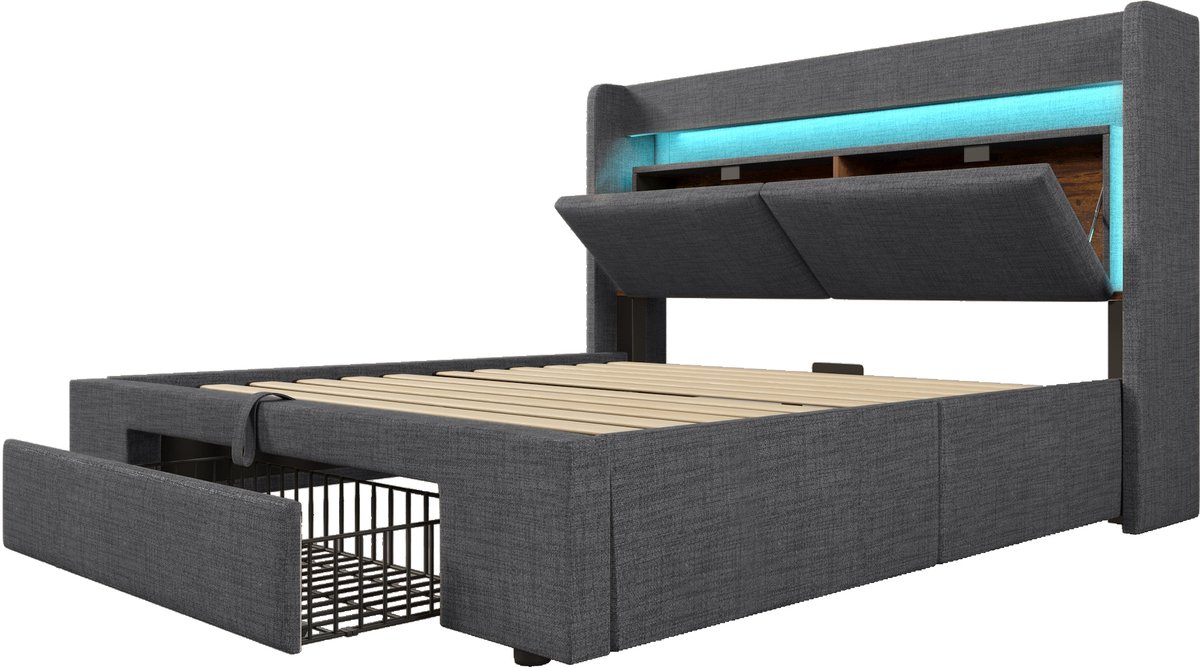 COVREO Bedframe met opbergruimte en LED – 160x200 cm – Tweepersoonsbed van stof en metaal – Volwassenen – Grijs - zonder matras