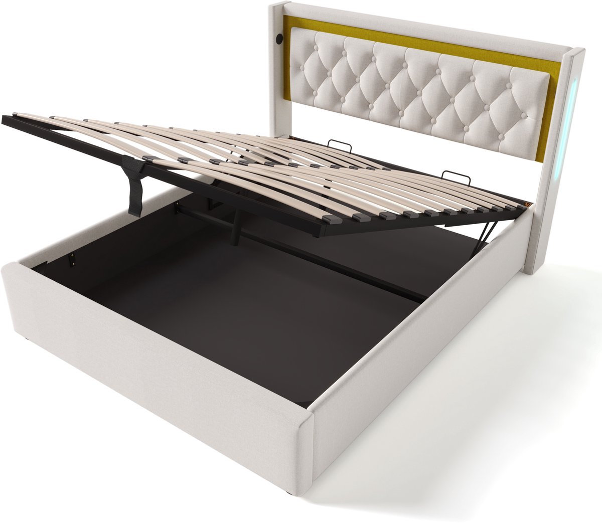 COVREO Bedframe 140x200 cm - beige stof, LED en opbergruimte, zonder matras