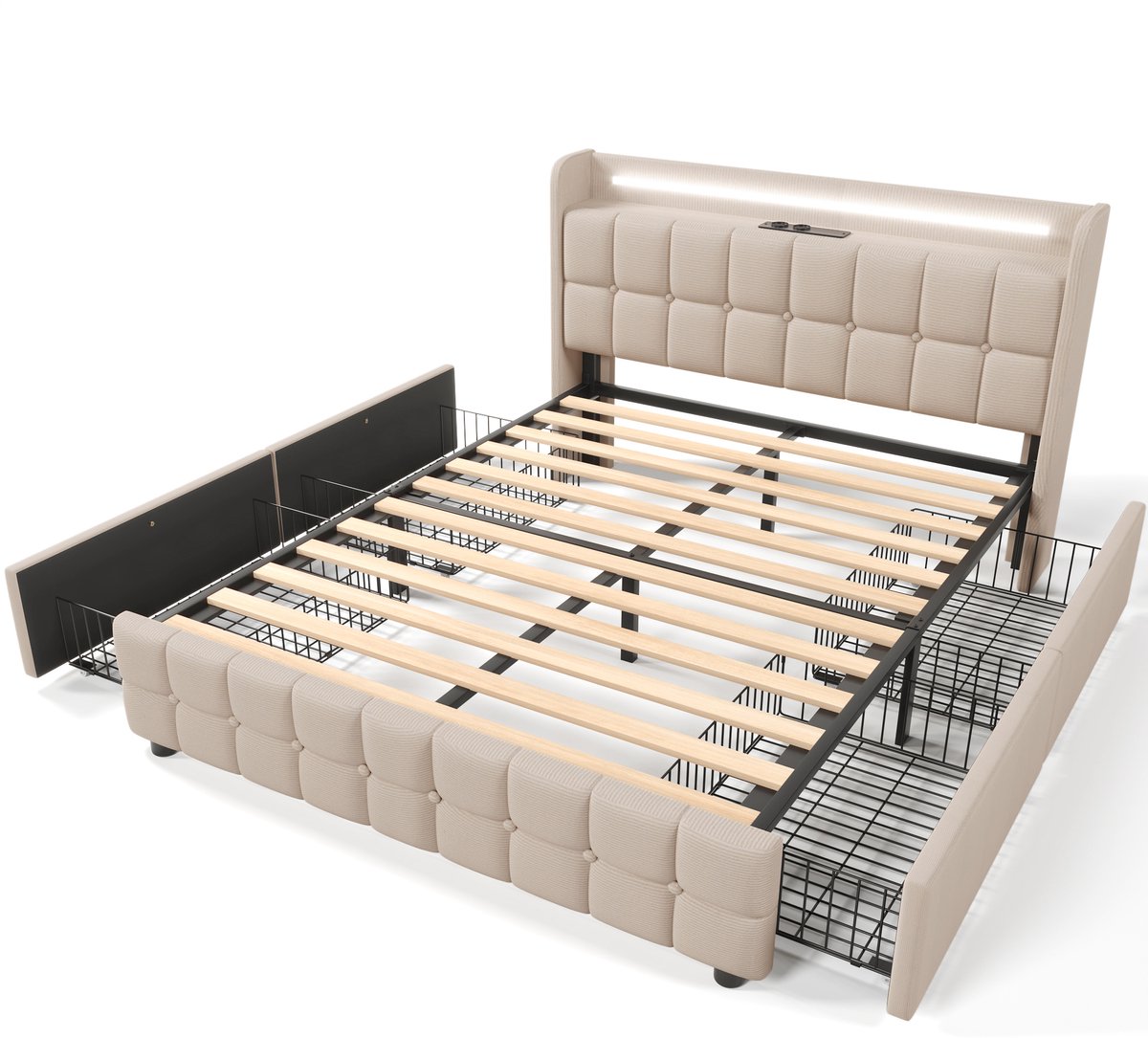 Gestoffeerd bed met USB-oplaadpunt, hoofdbord, ledverlichting en 4 lades; tweepersoonsbed afmetingen: 160x200 cm; bedframe met opbergruimte; lattenbodem van hout; beige (matras niet inbegrepen).