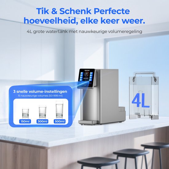 Zilverkleurige Hydrofast W100 RO waterfilter met 4L watertank en drie glazen voor 150ml, 300ml en 500ml nauwkeurige volumes.