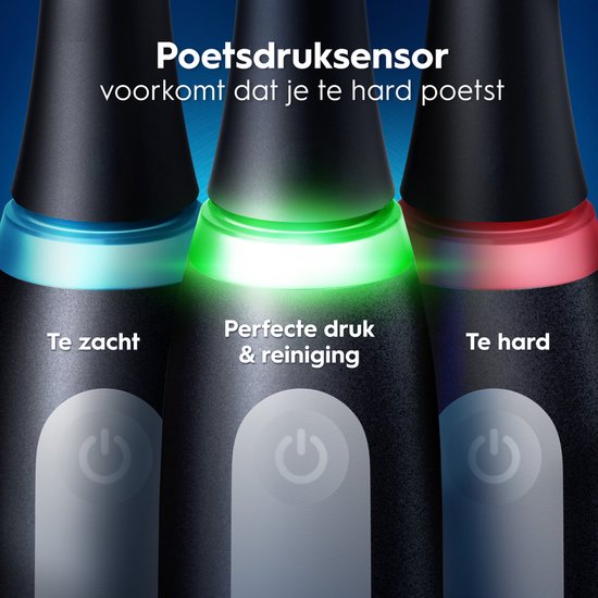 Oral-B iO tandenborstels met poetsdruksensor die aangeeft of de druk te zacht, perfect of te hard is.