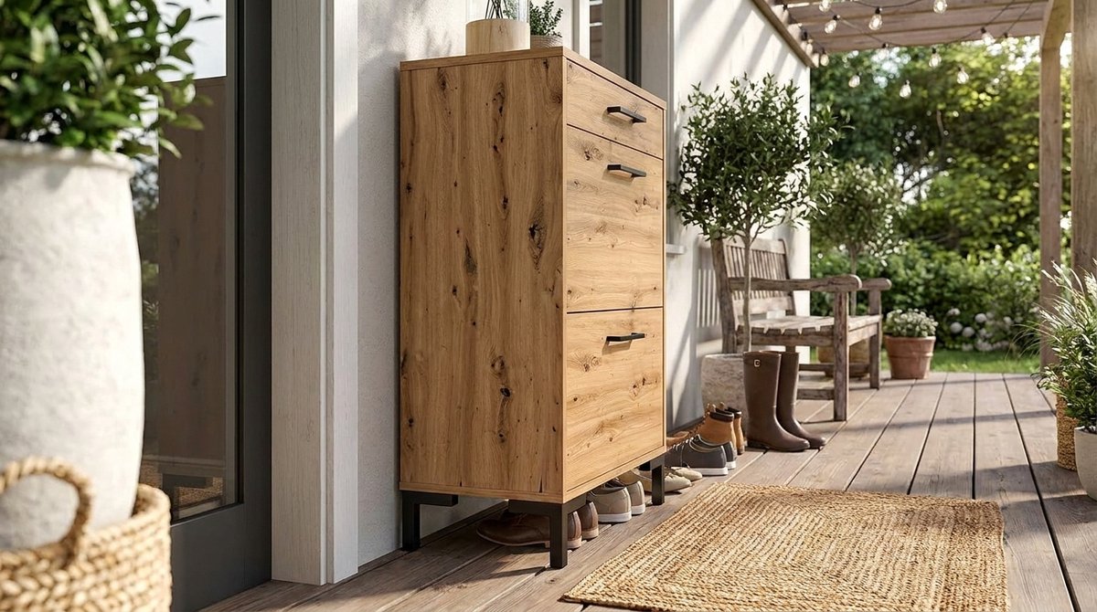 Schoenenkast House&Garden – 2 Kleppen & 1 Volledig Uittrekbare Lade – Artisan Eiken Look – 55 x 94 x 34 cm – Smalle Moderne Hal Kast – Houten Design Opbergmeubel voor Schoenen – Zwart Handgrepen – Ruimtebesparende Gangkast