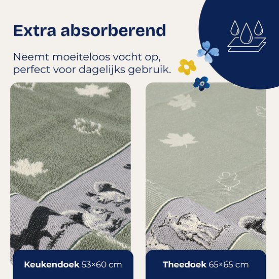 Gros plan de deux torchons vert foncé avec des motifs de feuilles et d'animaux.