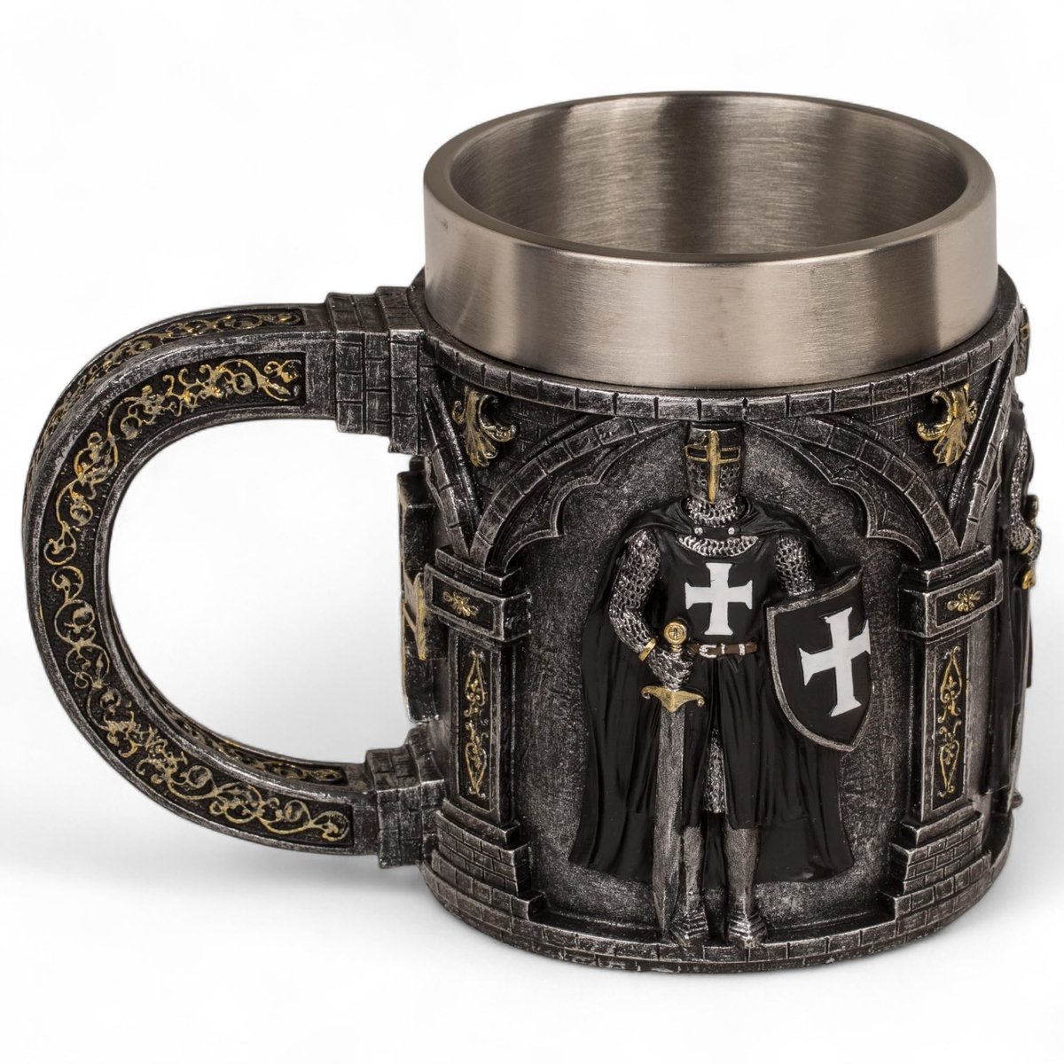 Dailygoods- Ridderdrinkbeker met roestvrijstalen inzetstuk - Drinkbeker met 3D-reliëfs - Decoratie - Verzamelstuk - Middeleeuwse stijl - Ca. 11 × 9 cm