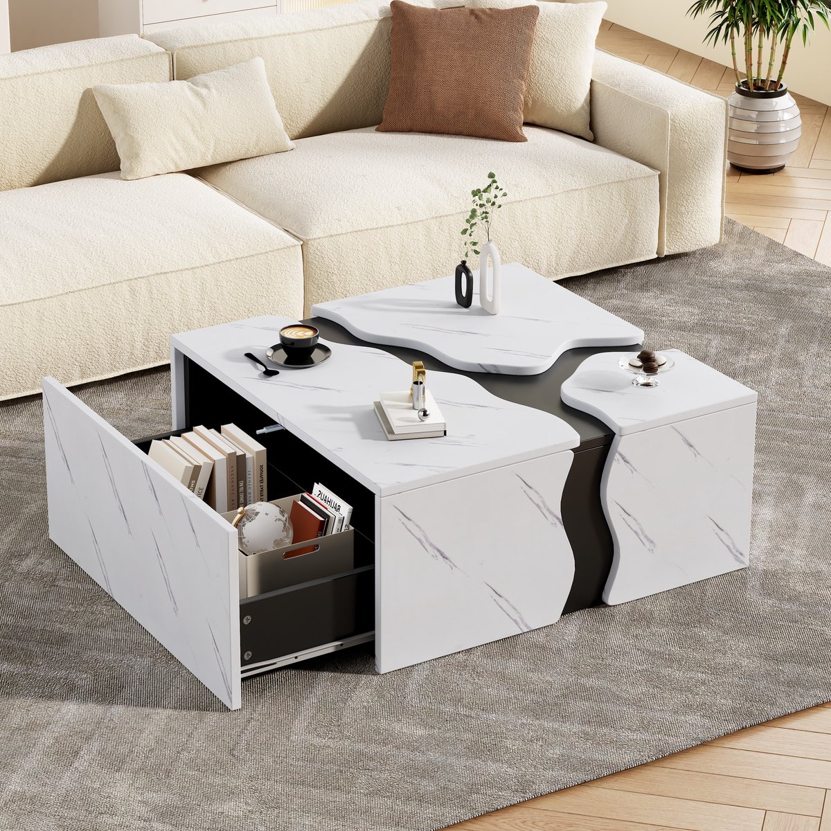 DESMIU Salontafel - Geometrisch Kubusdesign Met Lade - Voor Woonkamer En Kleine Ruimtes - Marmorlook Spaanplaat - 70 X 70 X 31 Cm - Wit