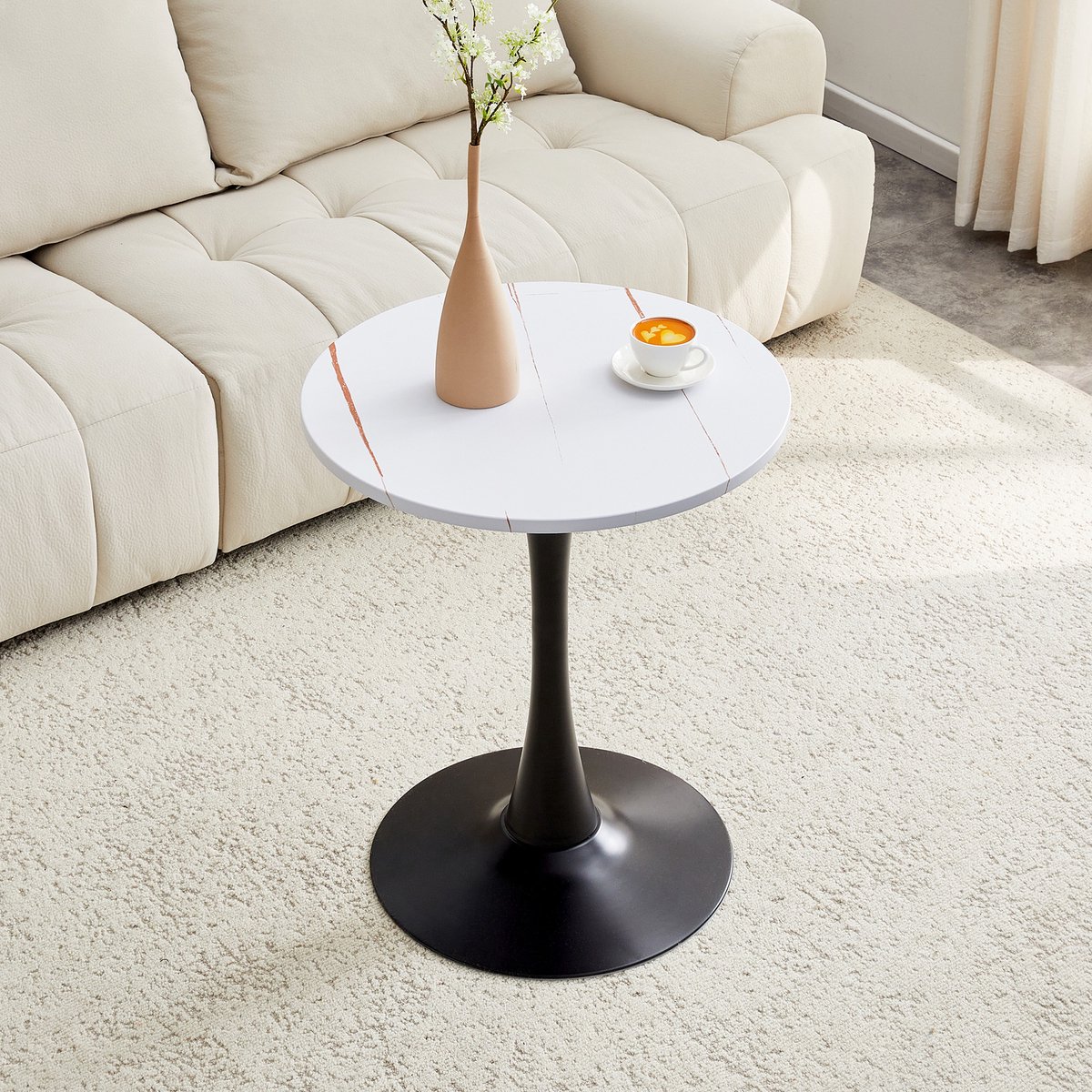 DESMIU Ronde Bijzettafel - Mid Century Design Met Thermoform Blad En Stabiele Kruisvoet - Voor Woonkamer En Lounge - MDF En Metaal - 60 Cm - Wit Zwart
