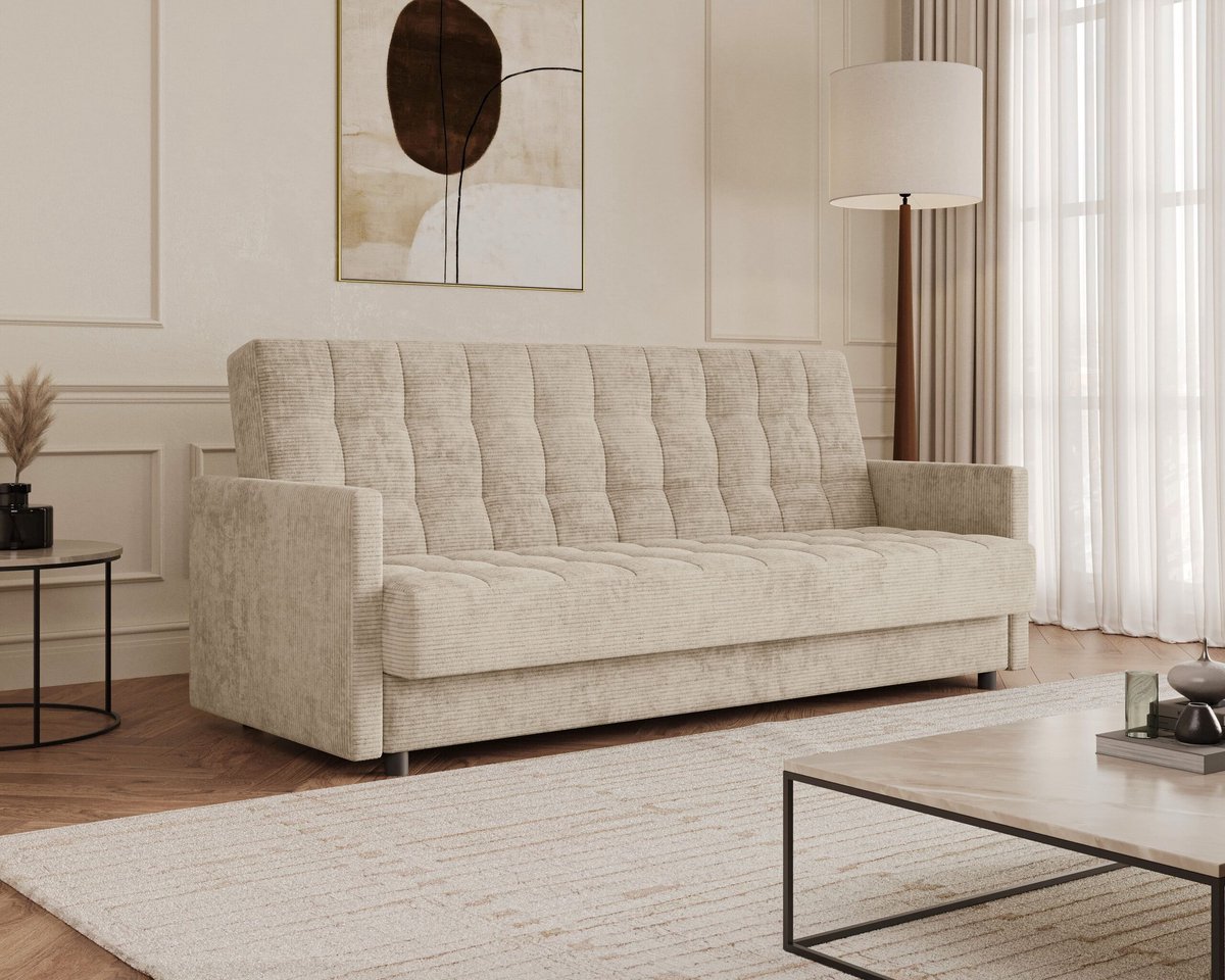 AJE Meubles B.V. Slaapbank Tina met slaapfunctie en opbergruimte - 3-zits - 211 x 97 x 90 cm - Beige (Lincoln 04D)