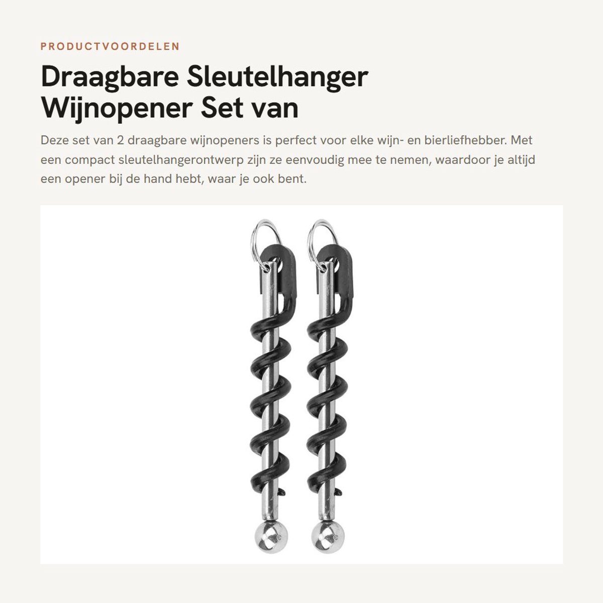 Dailygoods- Wijnopener Draagbaar - Kurkentrekker/Sleutelhanger - Flesopener - Roestvrij Staal - 2-Delige Set - Voor Wijn/Bier