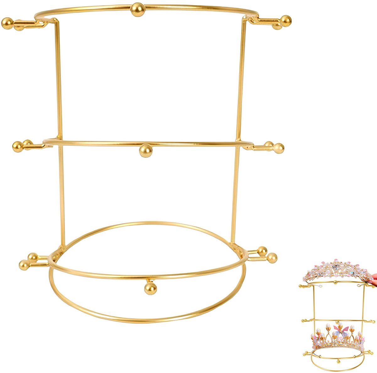 Dailygoods- Sieradenstandaard 3-traps ontwerp - Diadeemstandaard - Tiara-standaard - Haaraccessoires - Goudkleurig - Stabiel metaal - Sieradenhouder