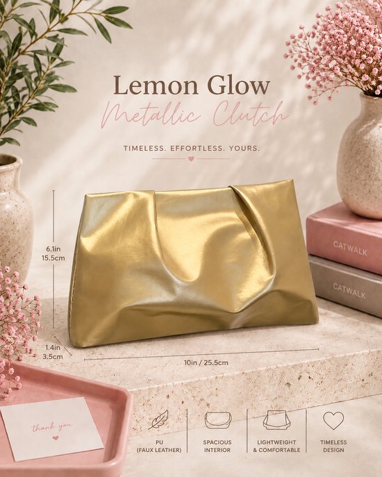 Lemon Glow Clutch - Doré - Faux Cuir - Sac à main - Sac de soirée - 25 x 15 cm - Gold