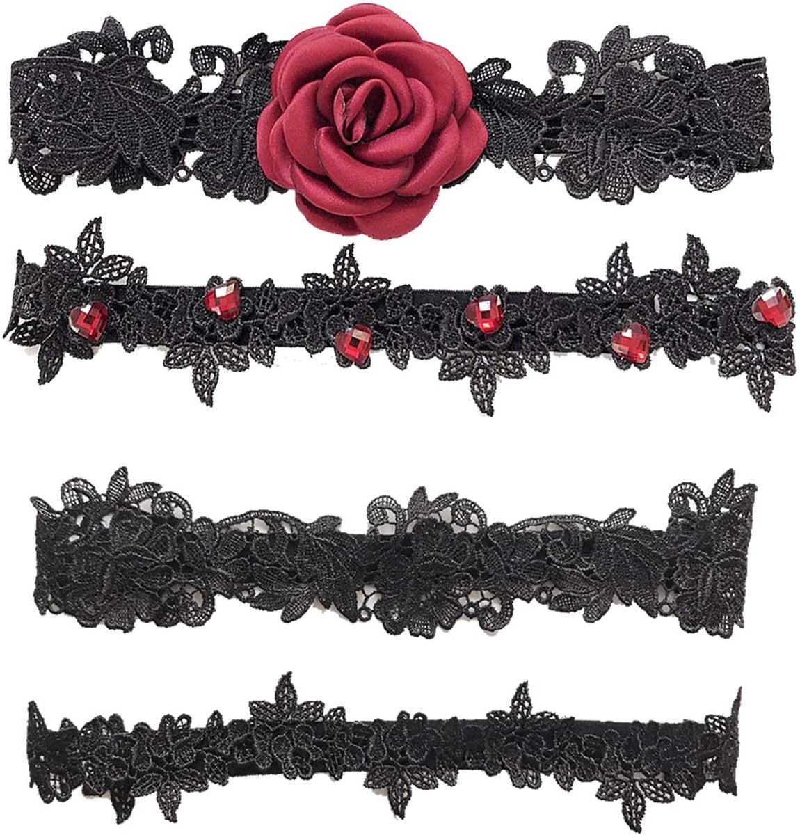Dailygoods- Kousenband Bruiloft - Zwart Kant met Wijnrode Bloem - 4 Stuks - Elastisch en Duurzaam - Geschikt voor Bruiden - Handgemaakt Design - Jarretel