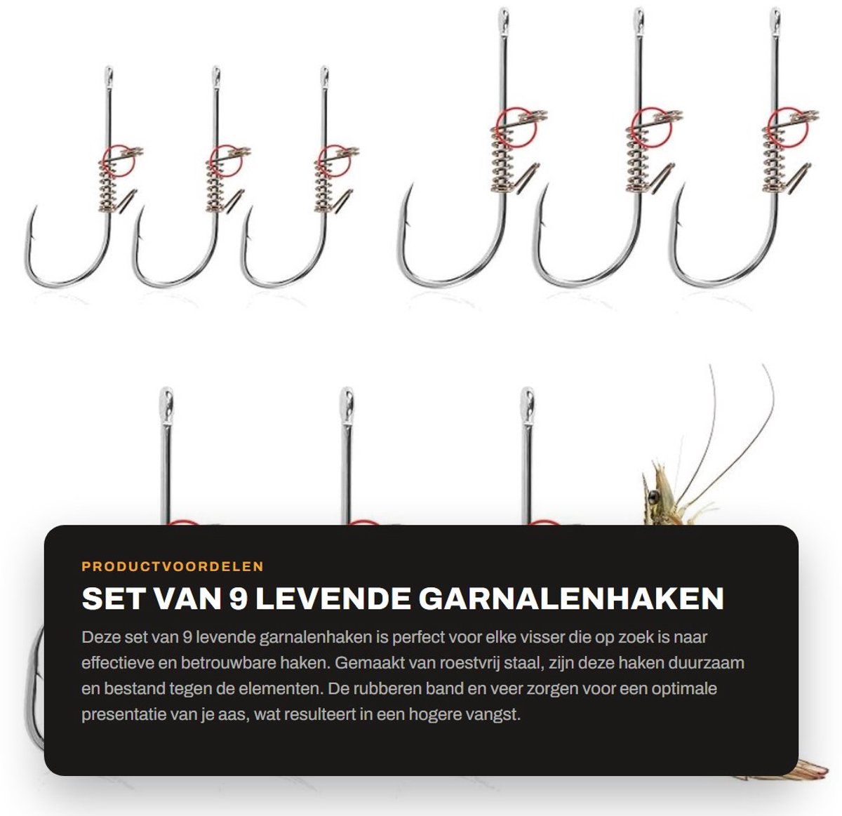 Dailygoods- Garnalenhaken 9 Stuks - Levende Garnalenhaken - Roestvrij Staal - Rubberband - Veer - 3 Maten (4,7x1,9cm, 4,3x1,6cm, 4,1x1,4cm) - Vishaken