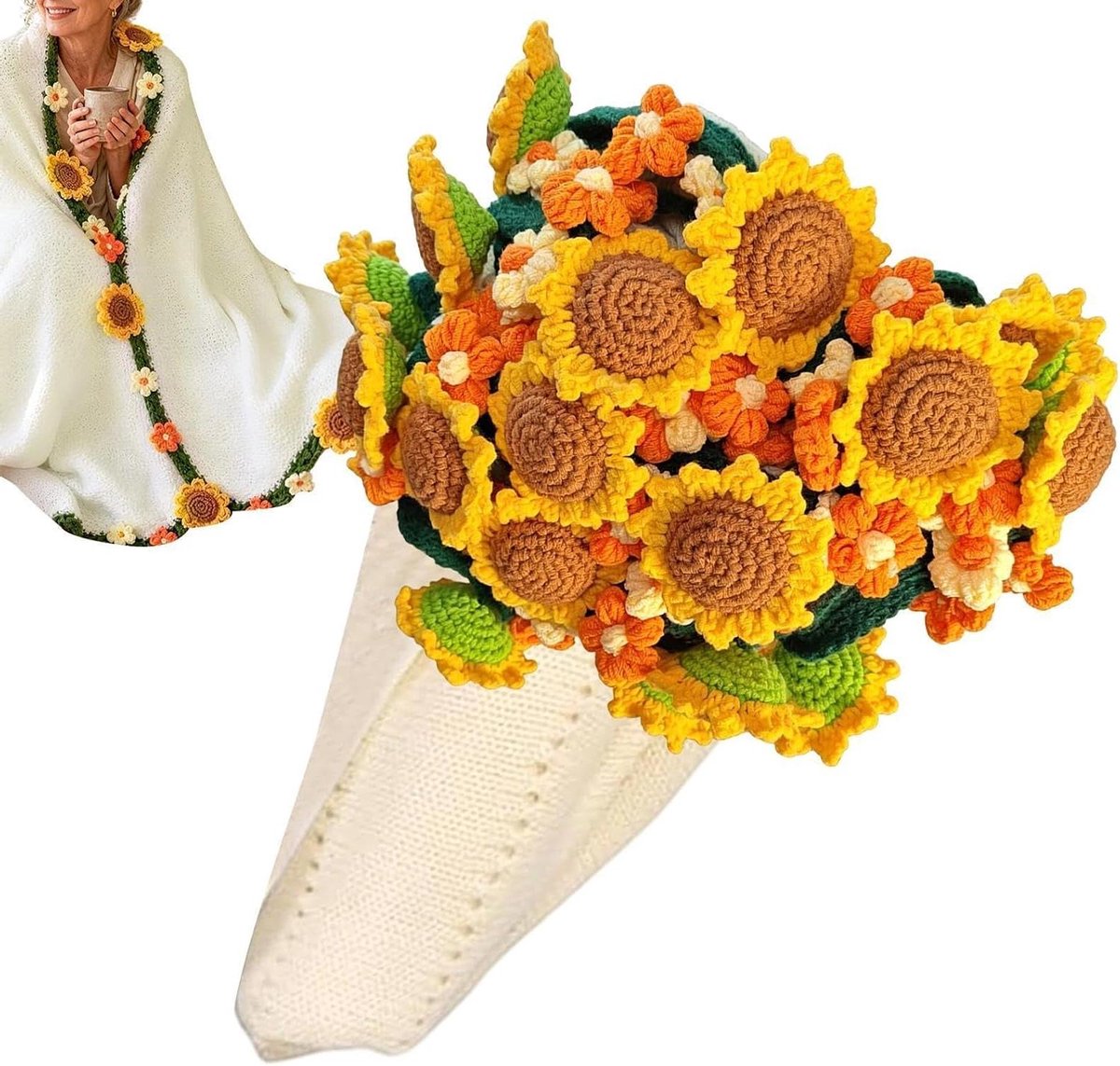 Boeket Deken - Gehaakte Bloem - Woondecoratie - Handgemaakt Ontwerp - 80 cm Diameter - Zonnebloem