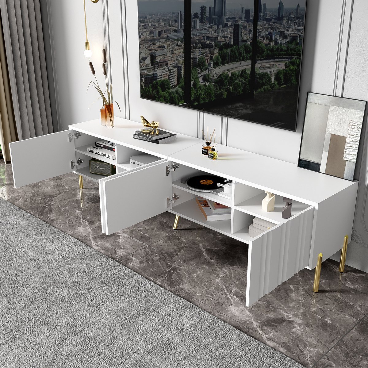 DESMIU Tv Meubel - Ruime Opbergkast Met 4 Deuren En Geribbeld Front - Voor Woonkamer En Mediahoek - MDF En Spaanplaat - 190x38x48 Cm - Wit