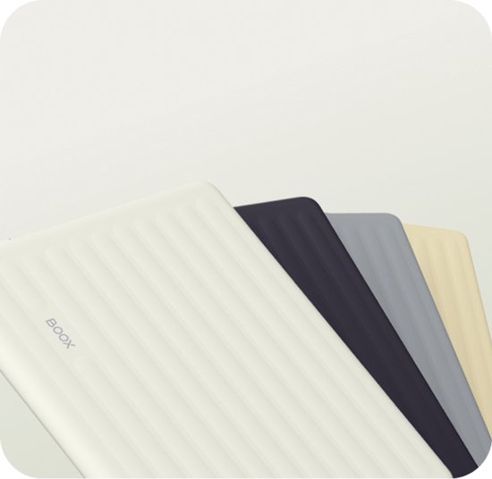 Gestapelde achterkanten van BOOX e-readers in schelp, donkergrijs, grijs en geel.