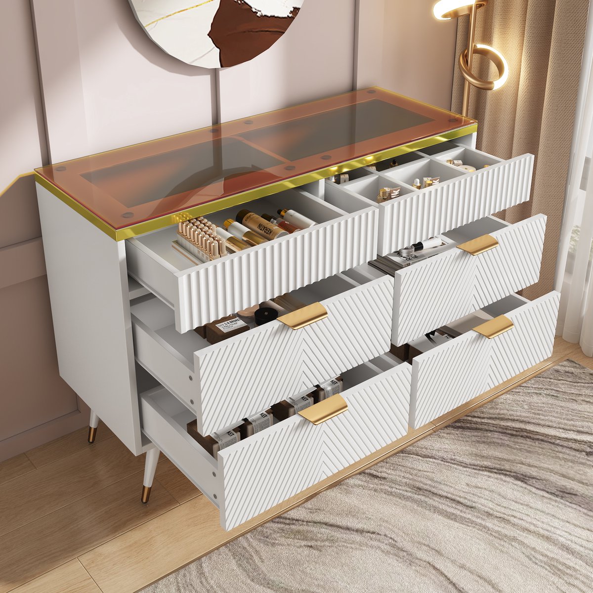 DESMIU Dressoir - Opbergkast Met 6 Laden En Anti Kantelbeveiliging - Voor Slaapkamer En Woonkamer - Glas En Spaanplaat - 120x40x76 Cm - Wit