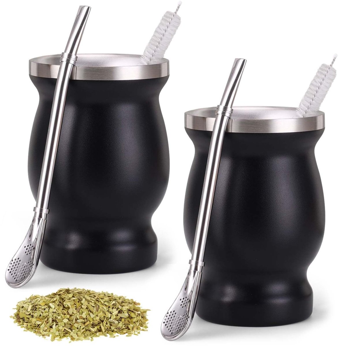 Dailygoods- Matebeker Dubbelwandig - Theekopjes Set - Roestvrij Staal - 2 Stuks - Met Lepel en Reinigingsborstel - Houdt Dranken 6-12 Uur Warm/Koud - Theekopje