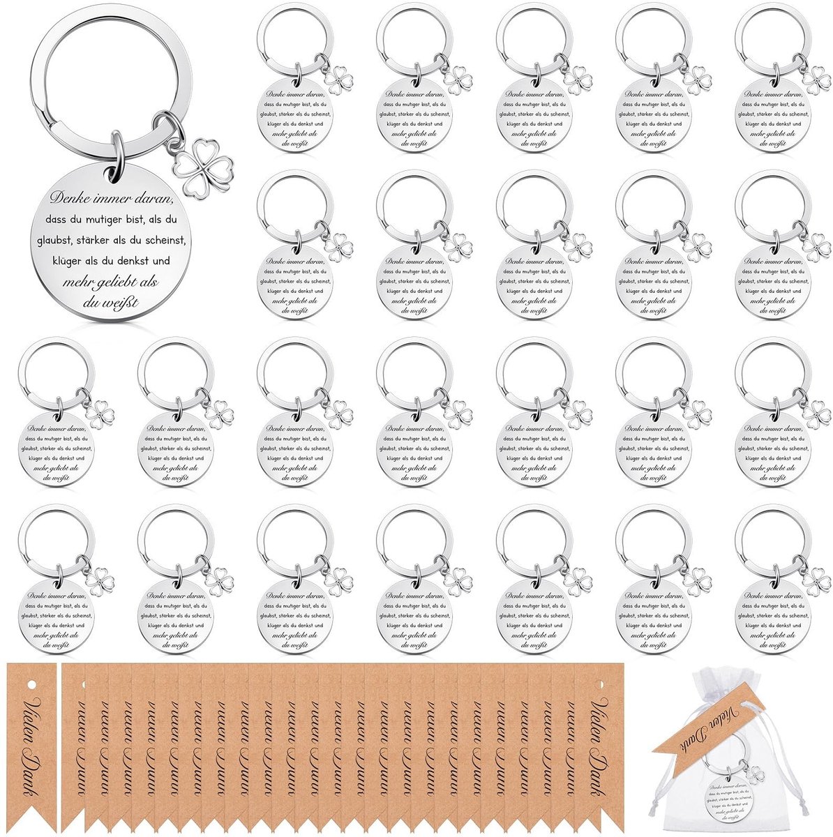 Dailygoods- Sleutelhangers Set van 24 - Bedankjes Collega's - Afscheidscadeau - Aanmoedigingsgeschenken - Sleutellabels - Organza Zakjes