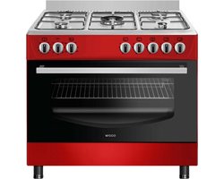 Wiggo WO‑E905R(RX) – Vrijstaand gasfornuis – 90 cm – 5 kookzones met wokbrander – 110L elektrische oven – Rood Roestvrijstaal – Elektrische vonkontsteking & vlambeveiliging – Energieklasse B – 5 jaar garantie