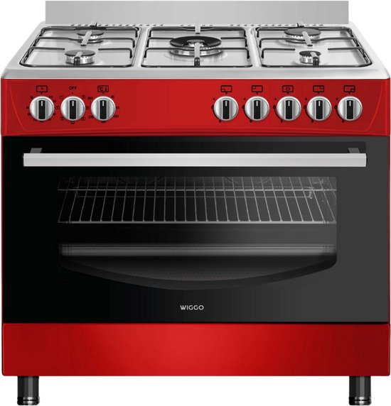 Rood Wiggo gasfornuis van 90cm met 5 kookzones en zwarte oven.