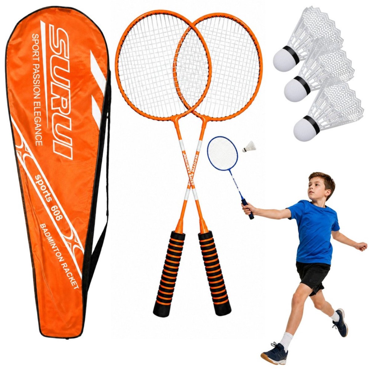 Playos® - Badmintonset - Oranje - 2 Rackets, 3 Shuttles en Opbergtas - Badmintonset - Badminton Rackets - Badminton Set - Recreatief - Kampeer Speelgoed - Camping - Kamperen