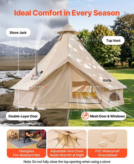 VEVOR Oxford Bell Tent, 4m Yurt, 4 Seizoenen, met Schoorsteenopening, Slaapgelegenheid voor Maximaal 4 Personen, met Uitneembare Vloer (Ritssluiting), Ideaal voor Gezinskamperen en Buitenactiviteiten, Beige van Vevor — afbeelding 5