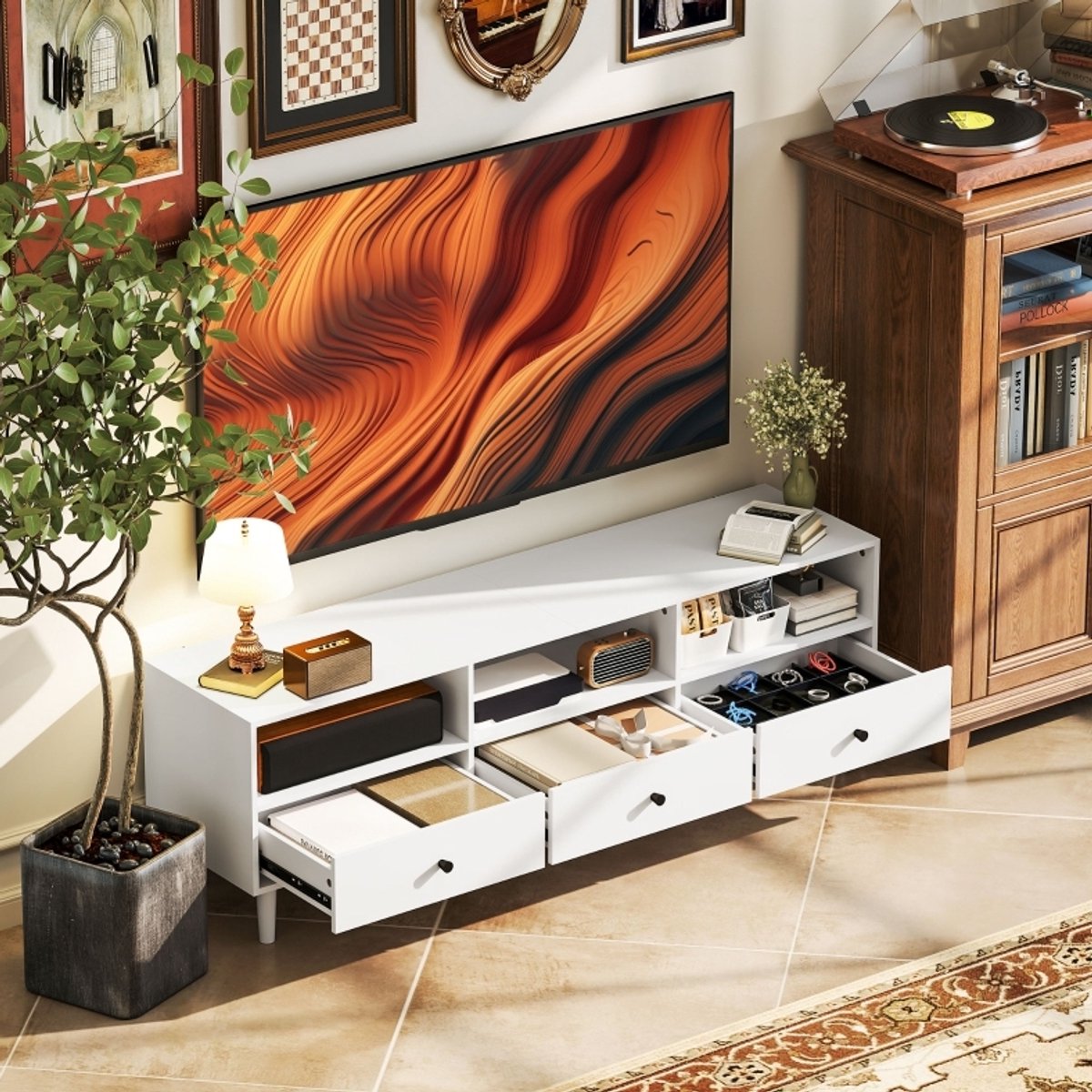 MEUNIQ TV-meubel 140 x 34 x 45 cm met 3 lades, 3 open vakken en kabelmanagement, TV-lowboard voor woonkamer, geschikt voor tv tot 75 inch, wit