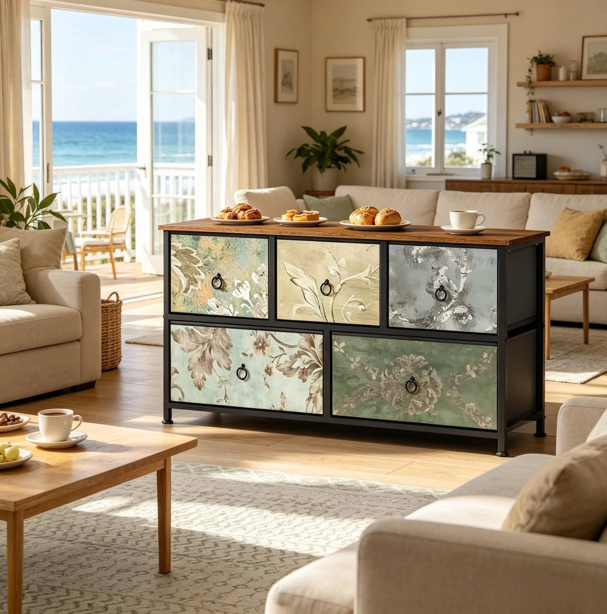 MEUNIQ ladekast met 5 stoffen lades en blad 100 x 30 cm, opbergkast of dressoir voor slaapkamer, woonkamer of hal, veelkleurig met zwart metalen frame Multicolor