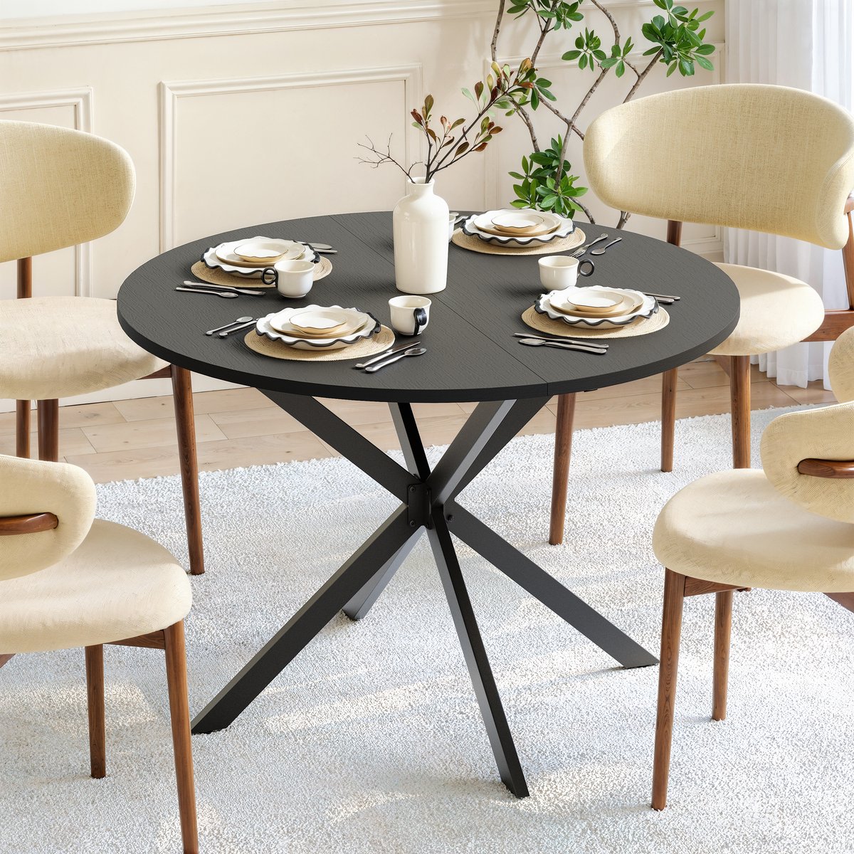 HAUSS SPOLE Ronde Eettafel - Industrieel Design Met X Poten - Voor Eetkamer En Thuiswerkplek - Hout En Metaal - 120x76 Cm - Zwart
