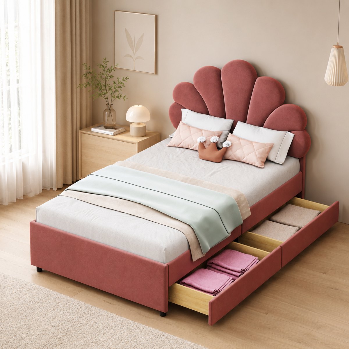 Gestoffeerd bed 90x200 cm - Eenpersoonsbed 90x200 cm - Hoofdbord met Fluwelen stof - Bloemblad-vormig hoofdbord - Houten Lattenbodem - Met Opbergruimte - Roze