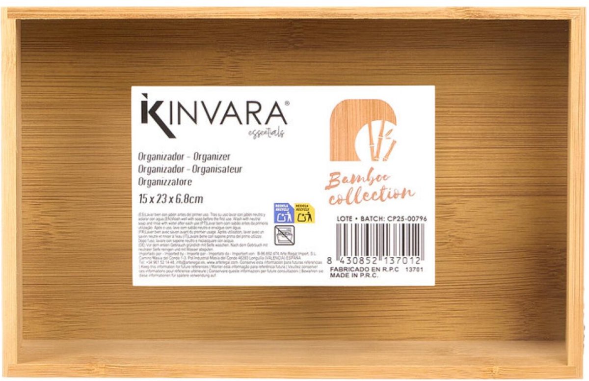Kinvara Bestekbak/keuken organizer - 2x - 1-vaks - Tidy Smart - bamboe hout - 23 x 15 x 7 cm