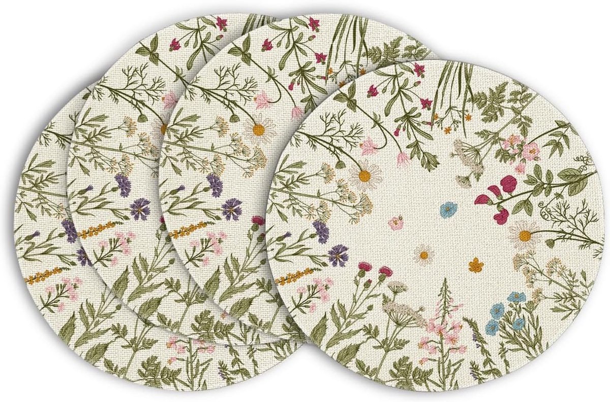 YAGXIG Ronde placemat - Bloemenplacemat - Lente- en zomerplacemat - Vintage placemat - Voor tafeldecoratie - Polyester - Machinewasbaar - Set van 4 - 38 cm