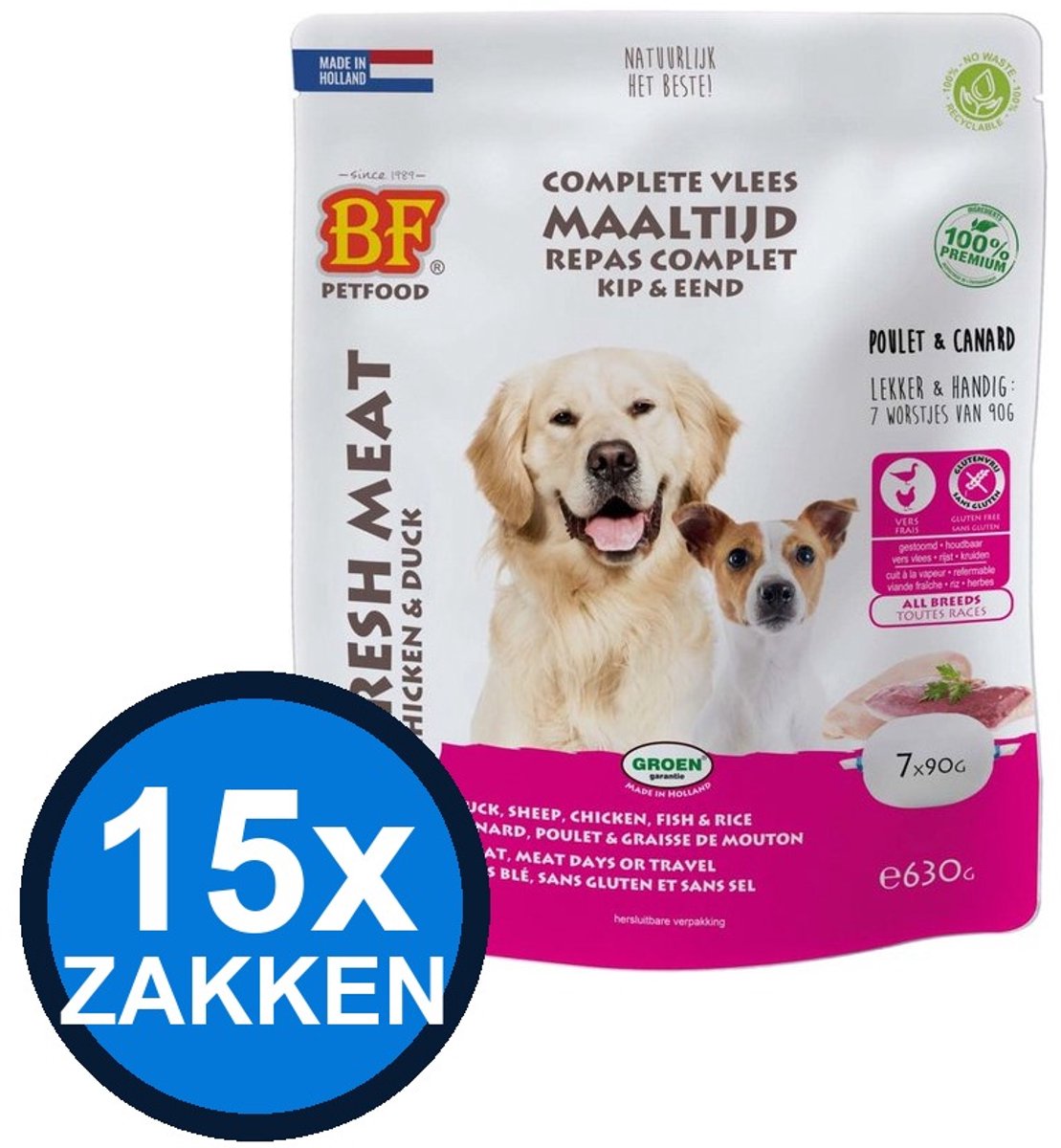 Biofood Biofood - Vleesvoeding Compleet Kip & eend Zak Multipack - Hondenvoer Droogvoer - 630 g